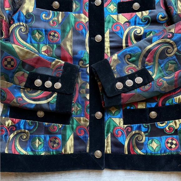 BOGNER Vintage Multicolor Geometric Pattern Jacket Black Velvet Trim Gold Button - Picture 6 of 10